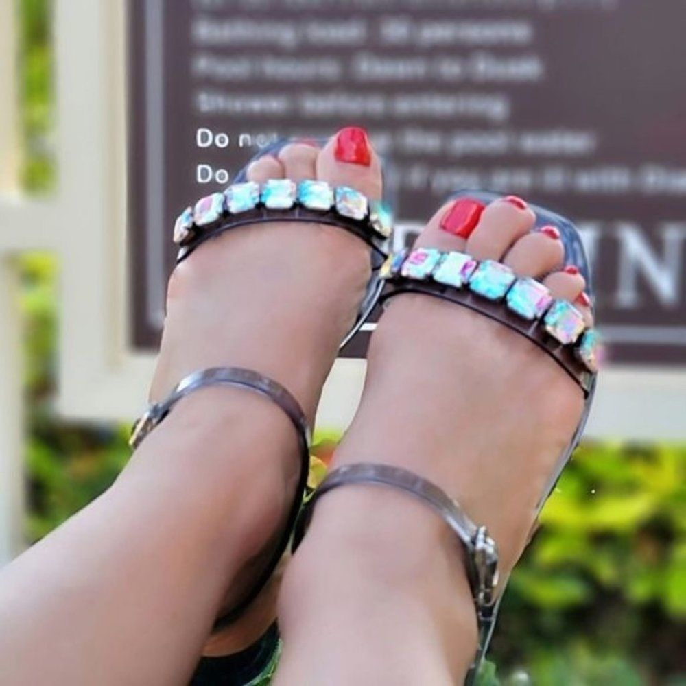 Open Toe Flat Sandals Women Smoke Black Adjustable Gemstone - Picture 3 of 4